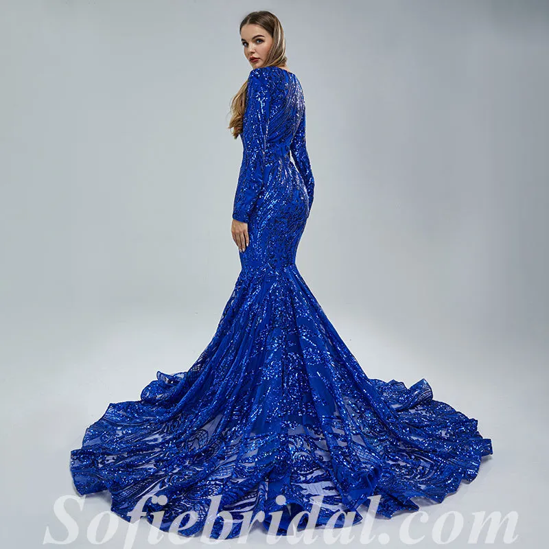 Elegant Royal Blue Special Fabric Long Sleeve V-Neck Mermaid Long Prom Dresses,SFPD0342
