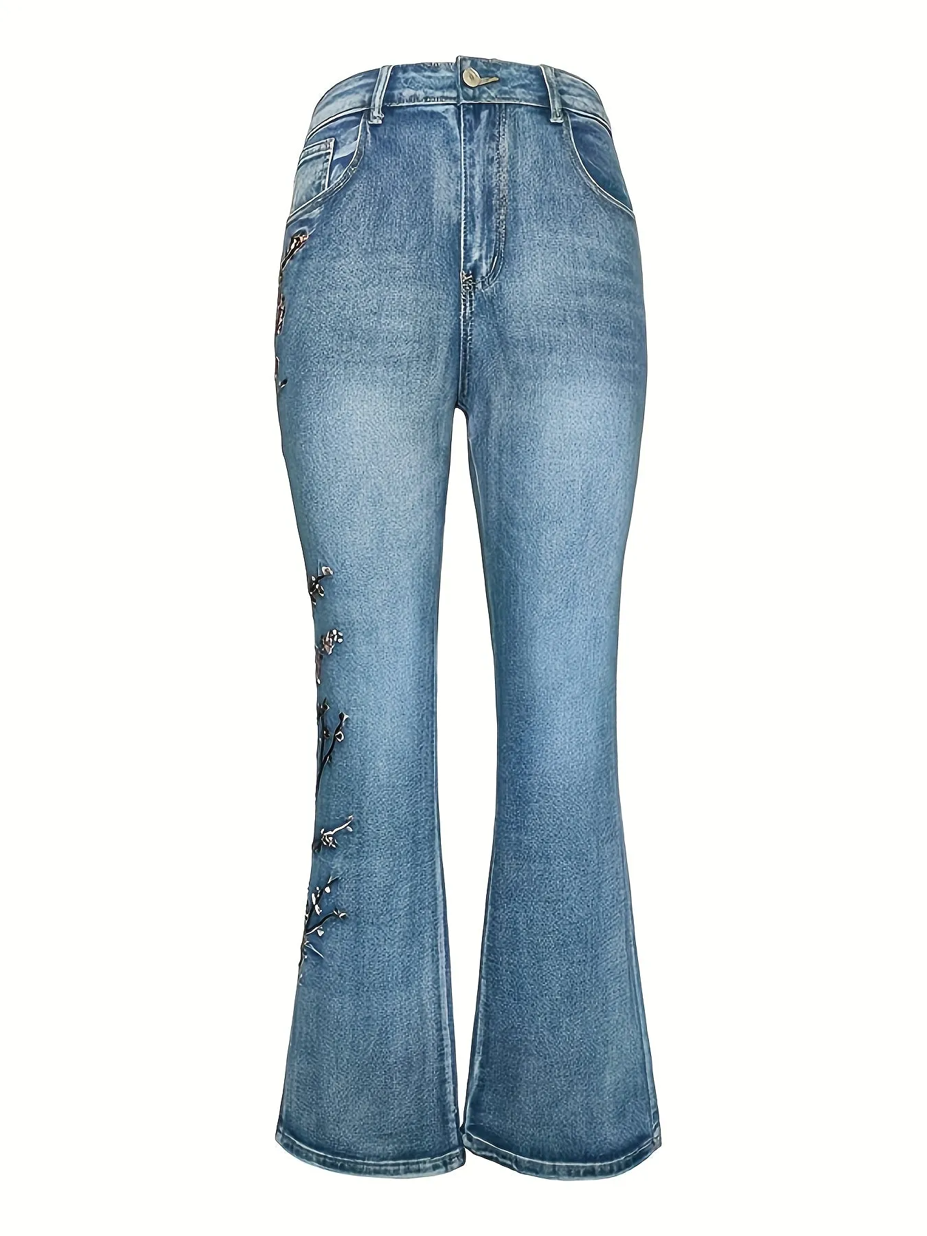 Exquisite Vintage Embroidered High Waist Flared Jeans – Skinny Stretch Floral Flared Pants