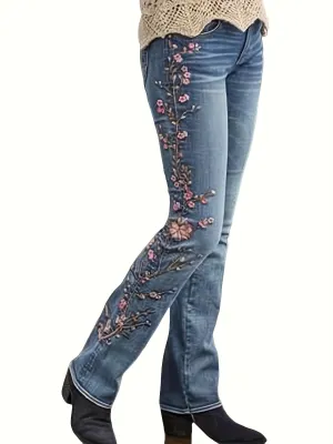 Exquisite Vintage Embroidered High Waist Flared Jeans – Skinny Stretch Floral Flared Pants