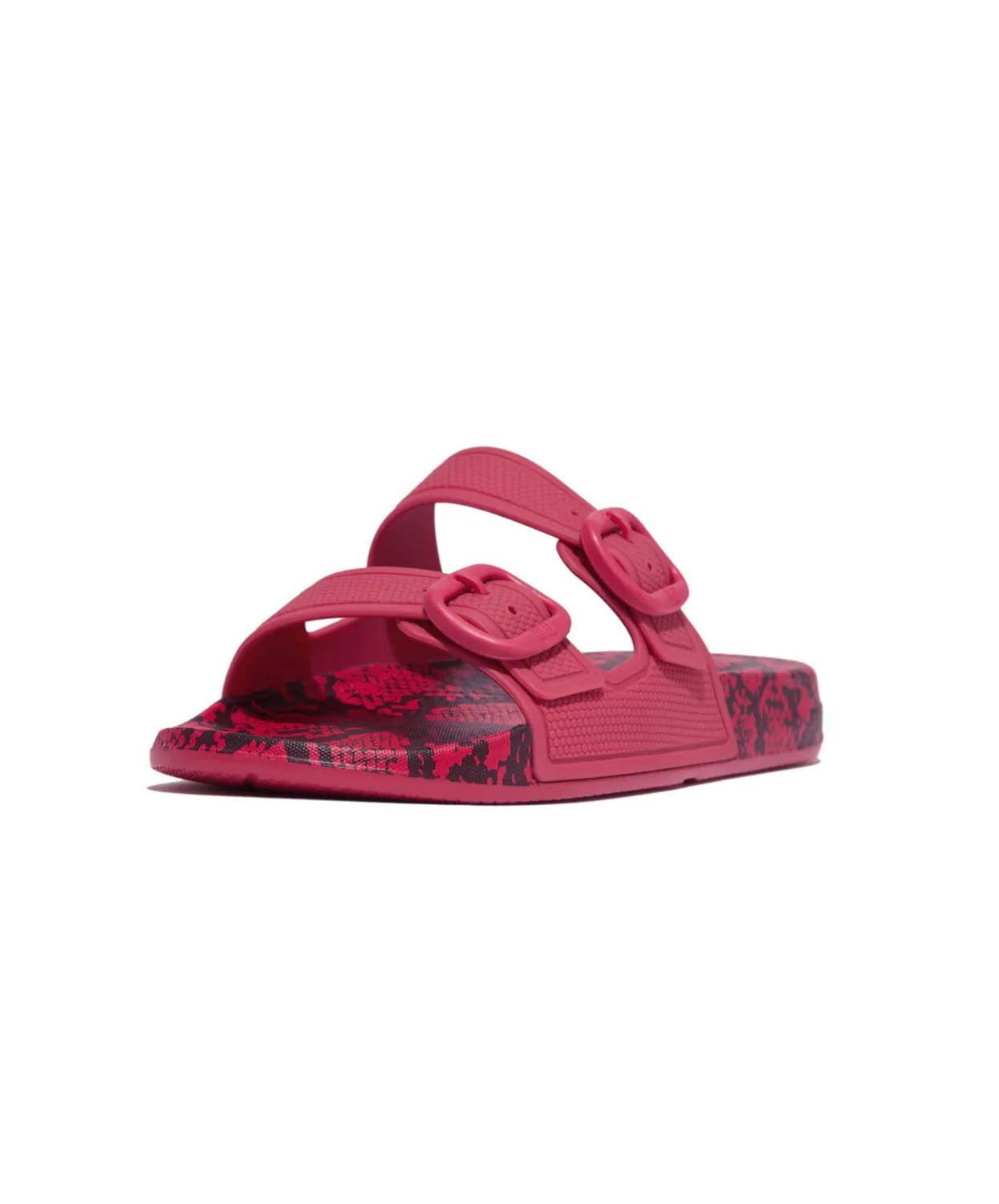 Fitflop iQushion Snake Print Two Bar Buckle Slides Wild Raspberry