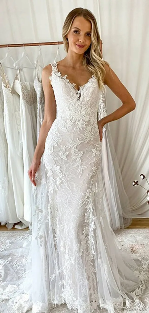 Full Lace Spaghetti Straps V-neck Mermaid With Tulle Long Wedding Dress, WD3068