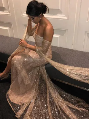 Gold Sequined Lace Off Shoulder Long Sleeve Sheath Prom Dresses, PD00352