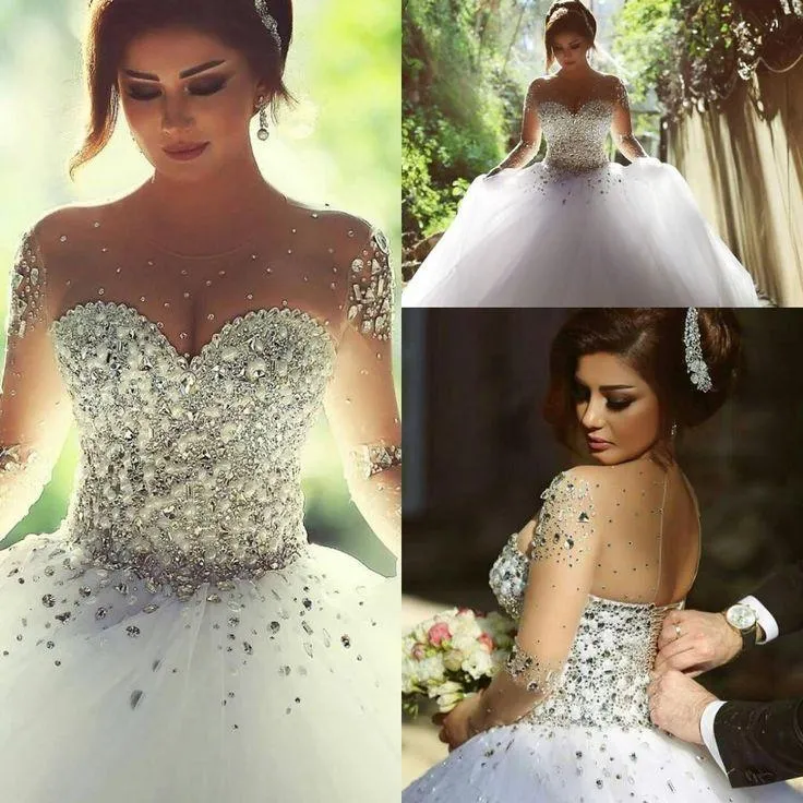 Gorgeous Illusion Long Sleeve Beaded Rhinestone Popular Ball Gown Wedding Dress, WD0200