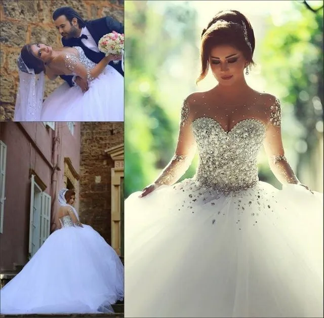 Gorgeous Illusion Long Sleeve Beaded Rhinestone Popular Ball Gown Wedding Dress, WD0200