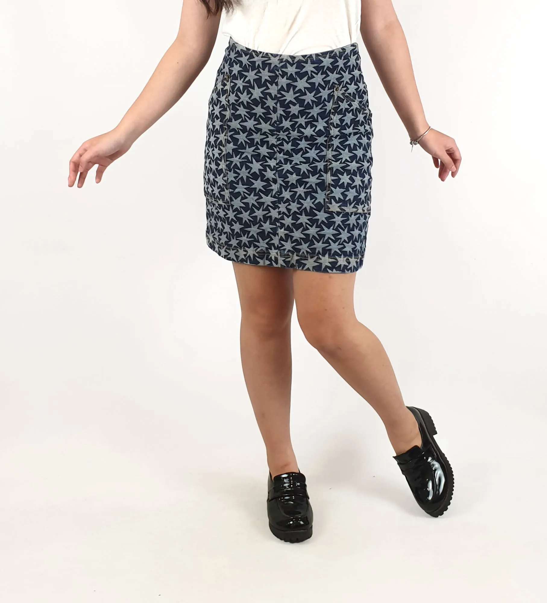 Gorman denim skirt with lighter denim stars size 8, best fits size 6