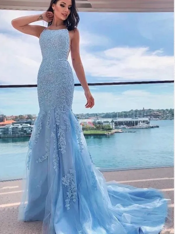 Halter Sky Blue Mermaid Tulle Lace Prom Dress, OL568