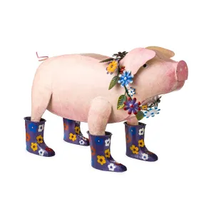 Handcrafted Metal Pig with Flowered Purple Rain Boots, 21"x8.5"x13.5"inches