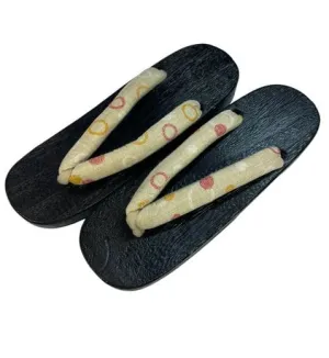 Japanese Women's Wooden Geta Sandals, Size M, Traditional Cream & Polka Dot Straps