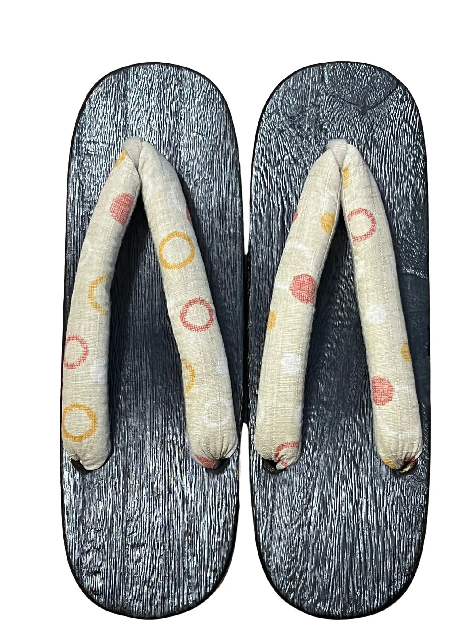 Japanese Women's Wooden Geta Sandals, Size M, Traditional Cream & Polka Dot Straps