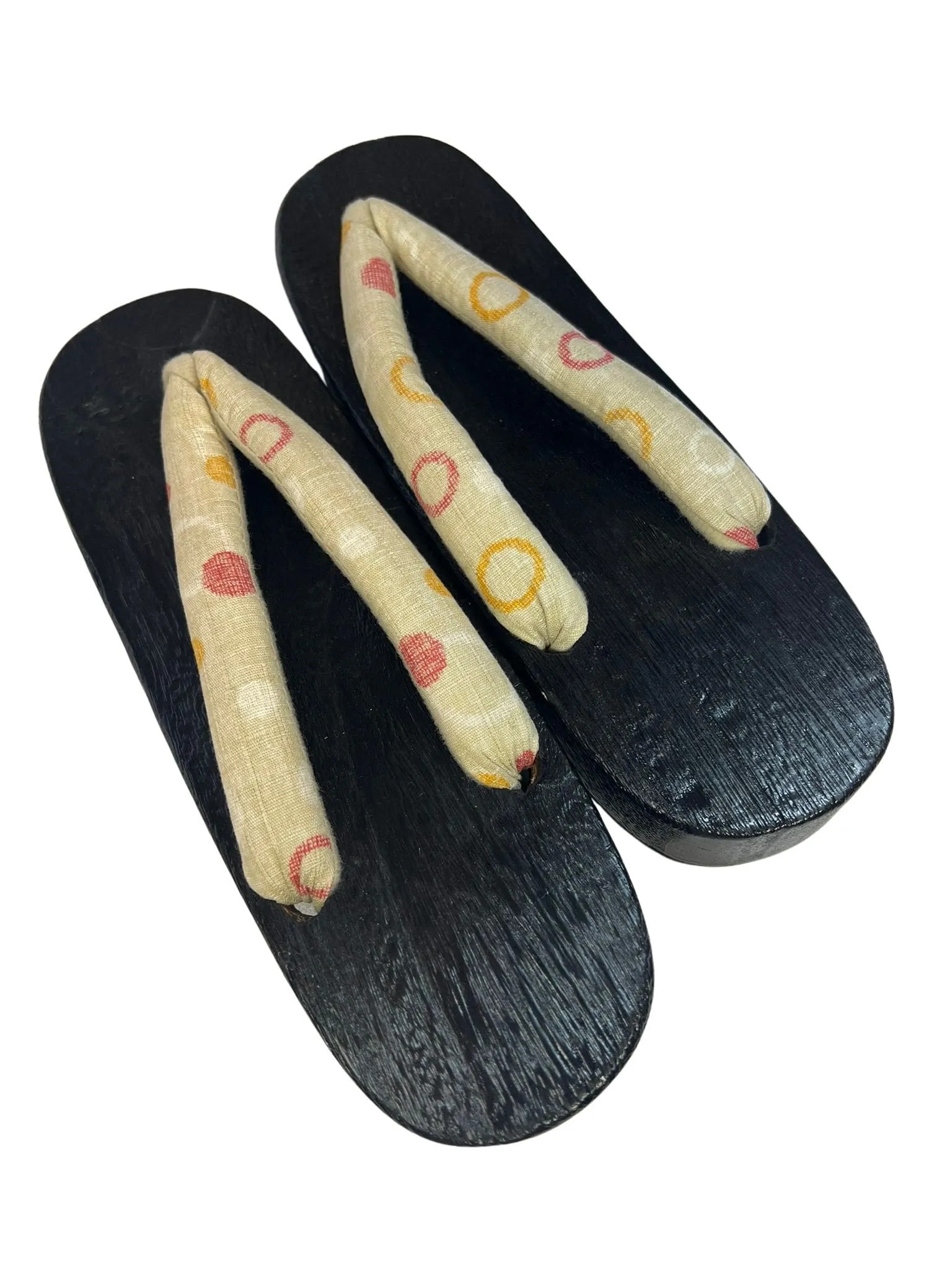 Japanese Women's Wooden Geta Sandals, Size M, Traditional Cream & Polka Dot Straps