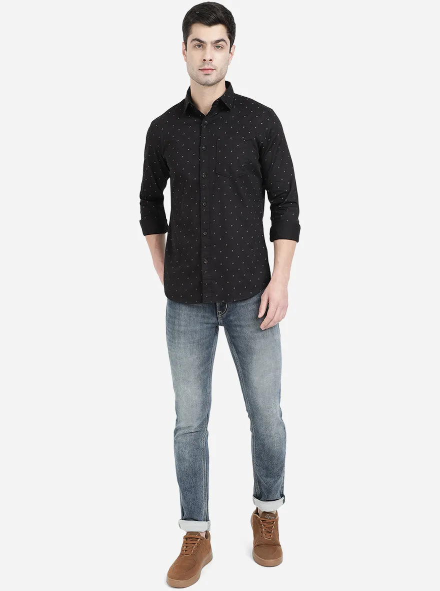 Jet Black Printed Slim Fit Semi Casual Shirt | JadeBlue