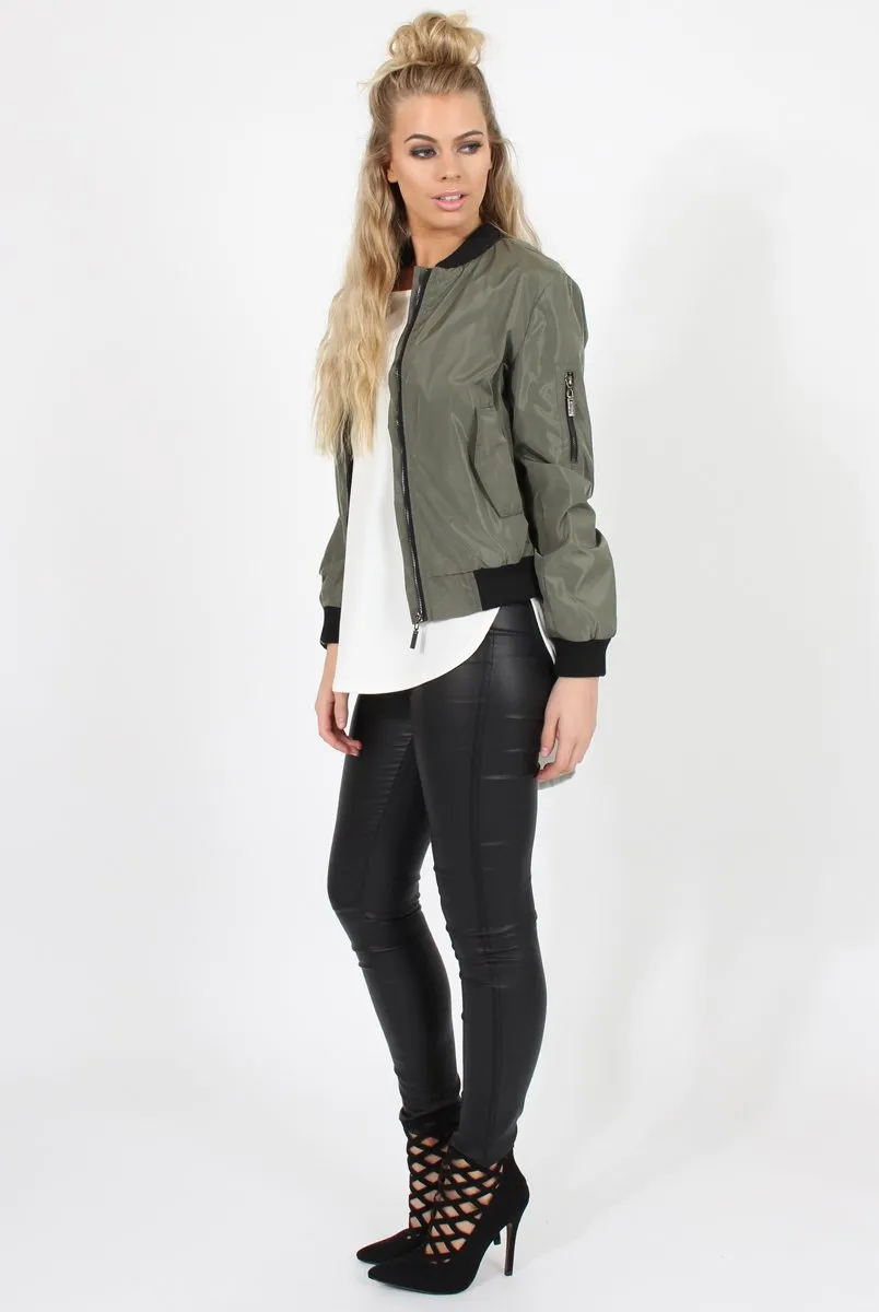 Khaki Black Zip Bomber Jacket - Minah