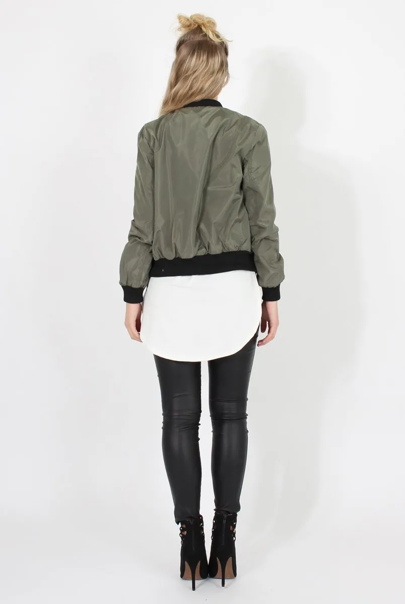 Khaki Black Zip Bomber Jacket - Minah