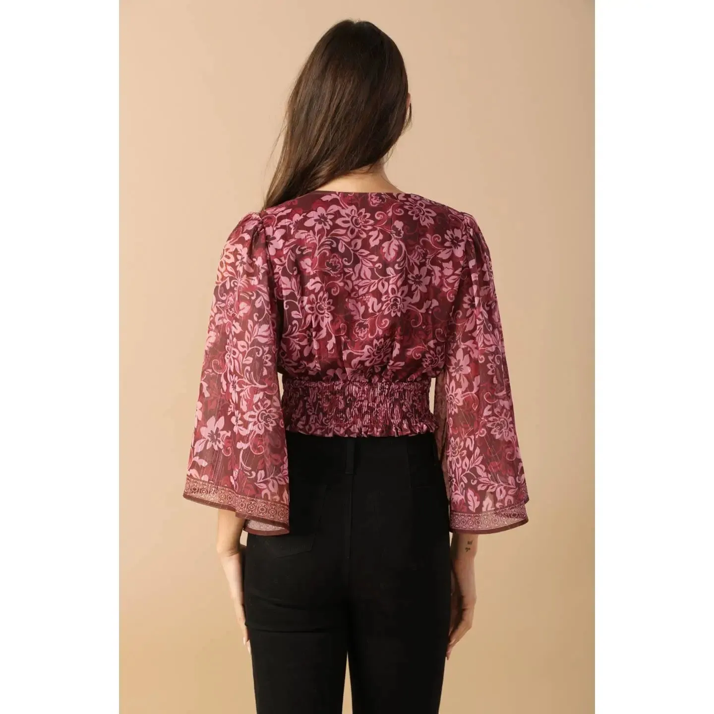 Kimono Sleeve Plunge Floral Crop Top Ruby