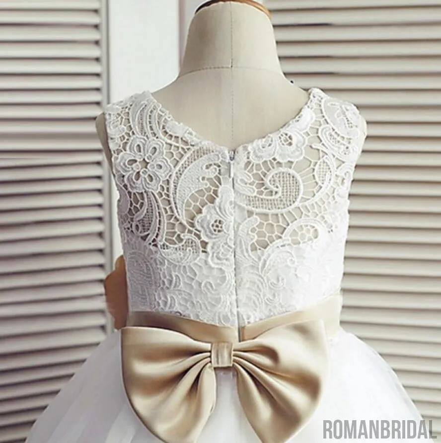 Lace Top Tulle Flower Girl Dresses, Popular Zip Up Knot Bow Little Girl Dresses , FG077