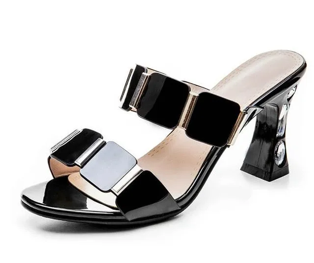 Ladies Sandals Round Open-toed PU Leather Rhinestone Square High Heel Slingback Anti-skid Party Women Pumps