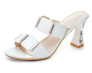 Ladies Sandals Round Open-toed PU Leather Rhinestone Square High Heel Slingback Anti-skid Party Women Pumps