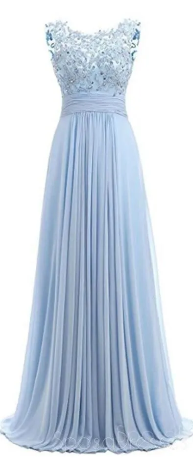 Light Blue Lace See Through Chiffon Long Evening Prom Dresses, 17529