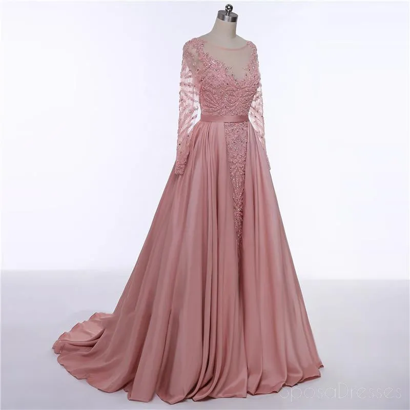 Long Sleeve See Through Heavily Beaded Dusty Pink Long Evening Prom Dresses, Popular Cheap Long 2018 Party Prom Dresses, 17228
