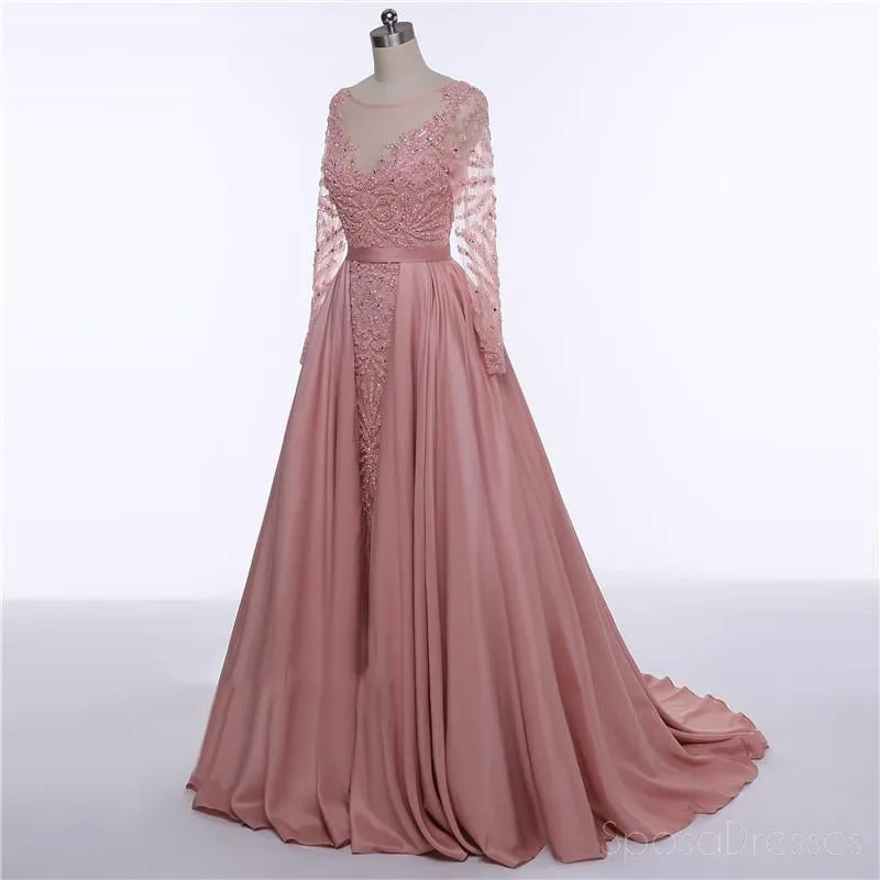 Long Sleeve See Through Heavily Beaded Dusty Pink Long Evening Prom Dresses, Popular Cheap Long 2018 Party Prom Dresses, 17228