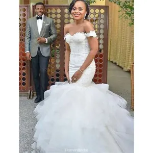 Mermaid Popular Off-shoulder Lace Up Back Wedding Dresses With Train, WD0409