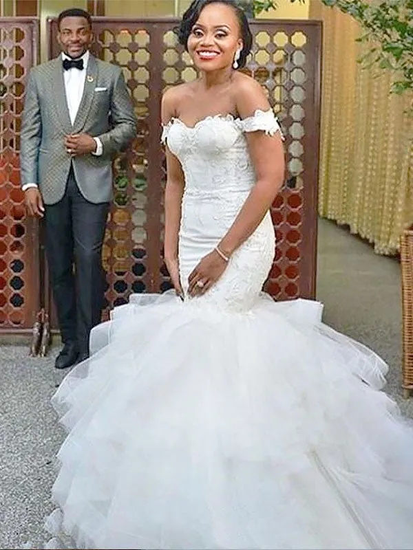 Mermaid Popular Off-shoulder Lace Up Back Wedding Dresses With Train, WD0409