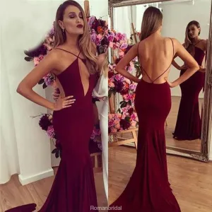 Mermaid Sexy Burgundy Deep V-neck Backless Long Prom Dresses With Train, PD0539