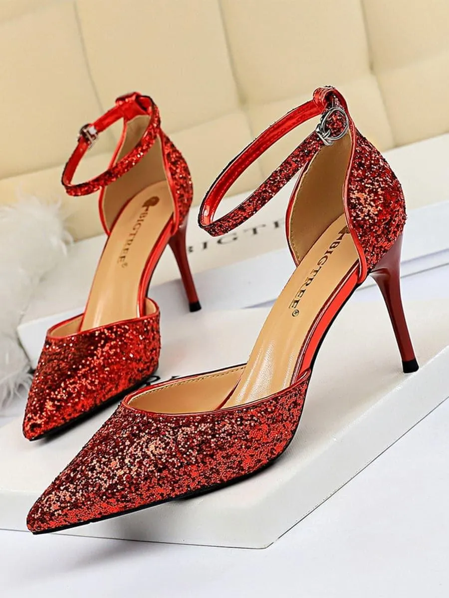 Metal Thin Buckle Sequins High Heel Sandals MHE1015