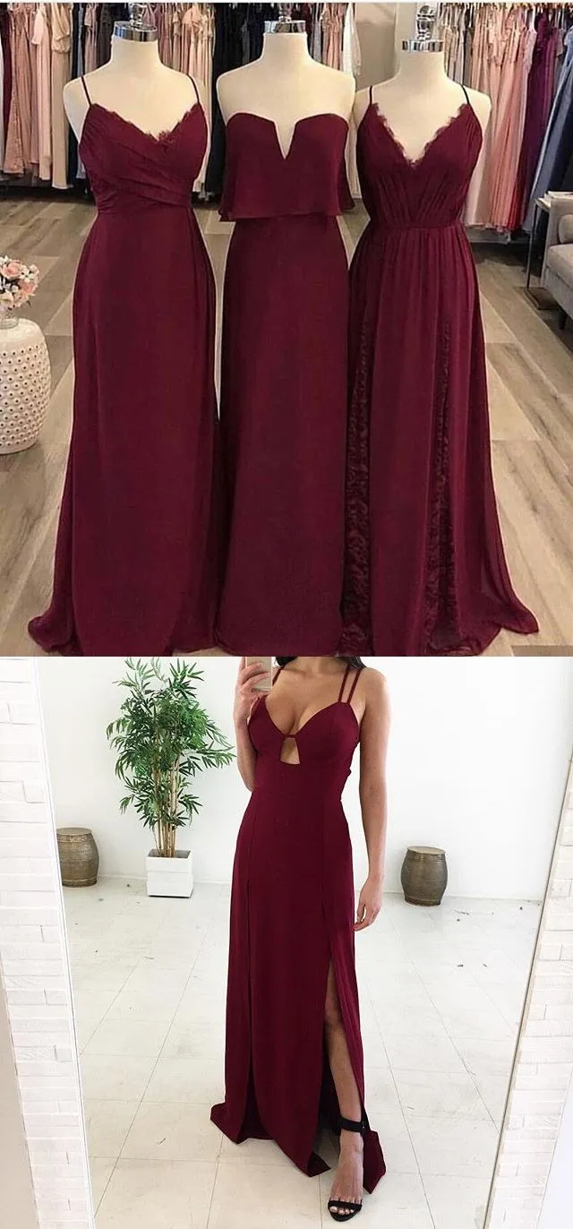 Mismatched  Burgundy Modest Cheap Unique Bridesmaid Dresses, Popular Party Prom Dresses , PD0896