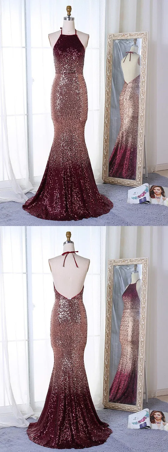 Newest Popular Mermaid Halter Backless Long Sequins Prom Dresses With Train, PD0556