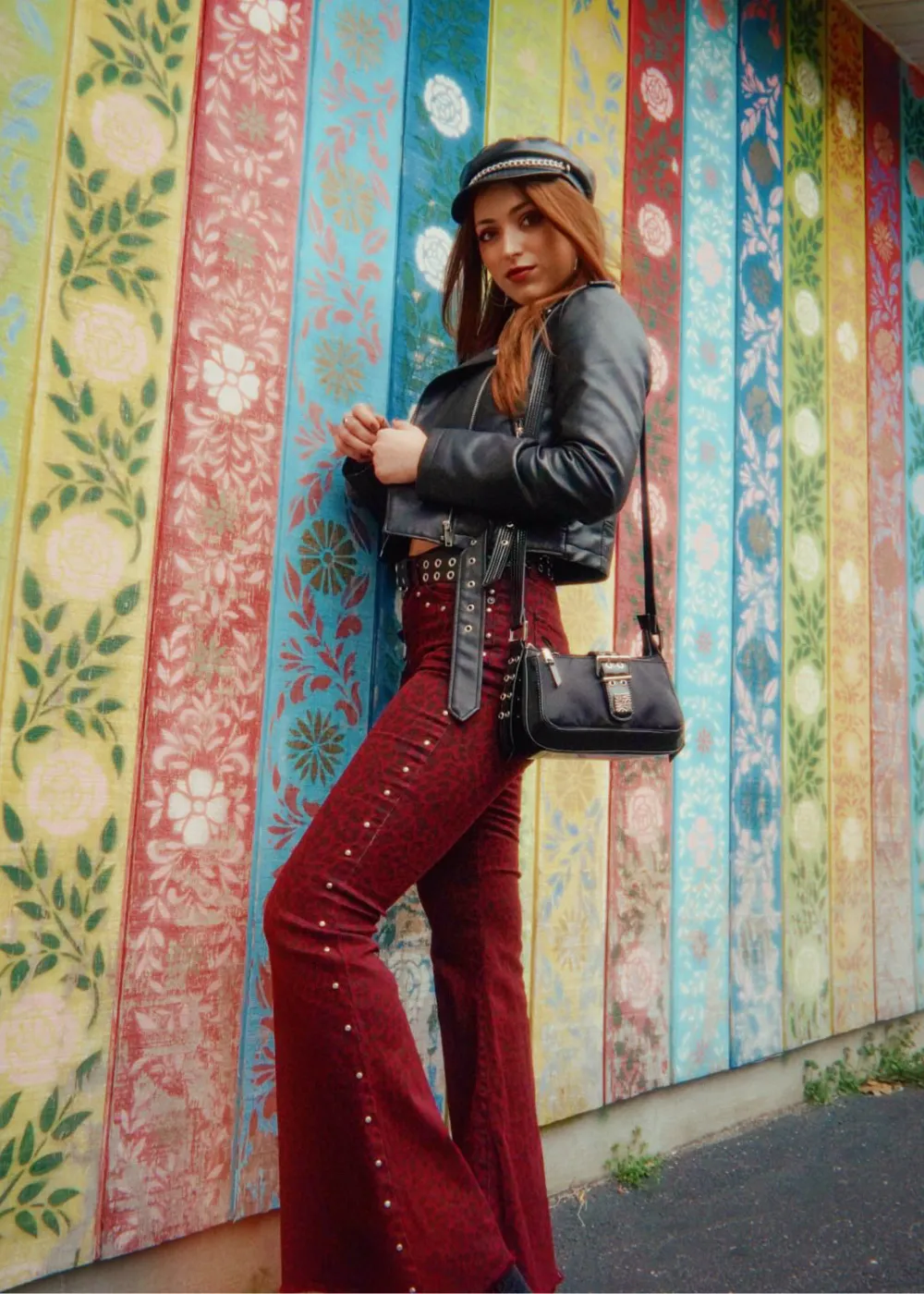 Night Tales Red Leopard Studded Bell Bottoms