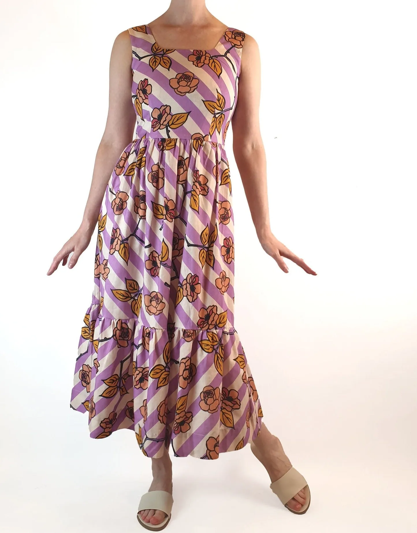 Obus preloved purple and cream print sleeveless maxi dress size 6