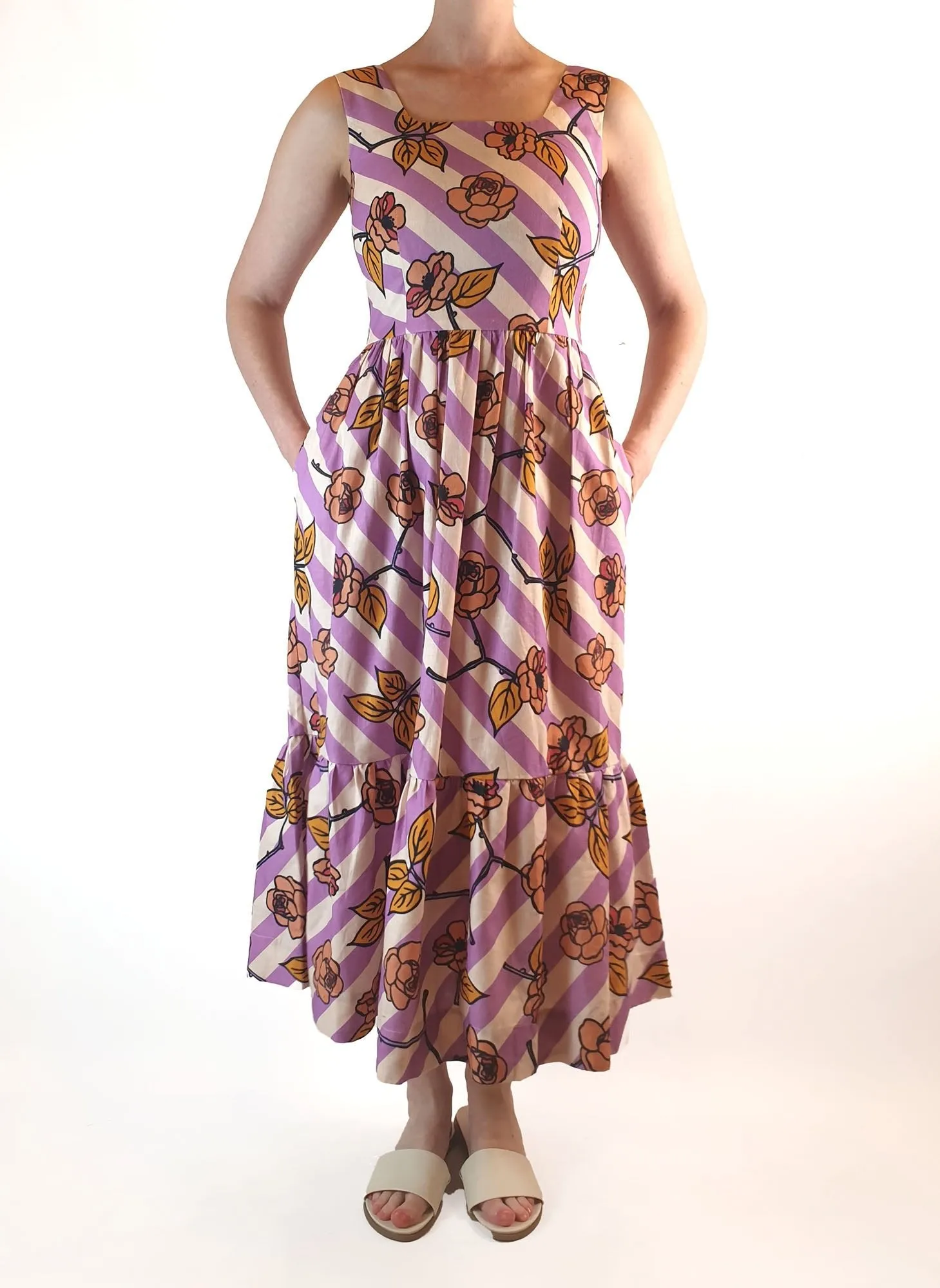 Obus preloved purple and cream print sleeveless maxi dress size 6