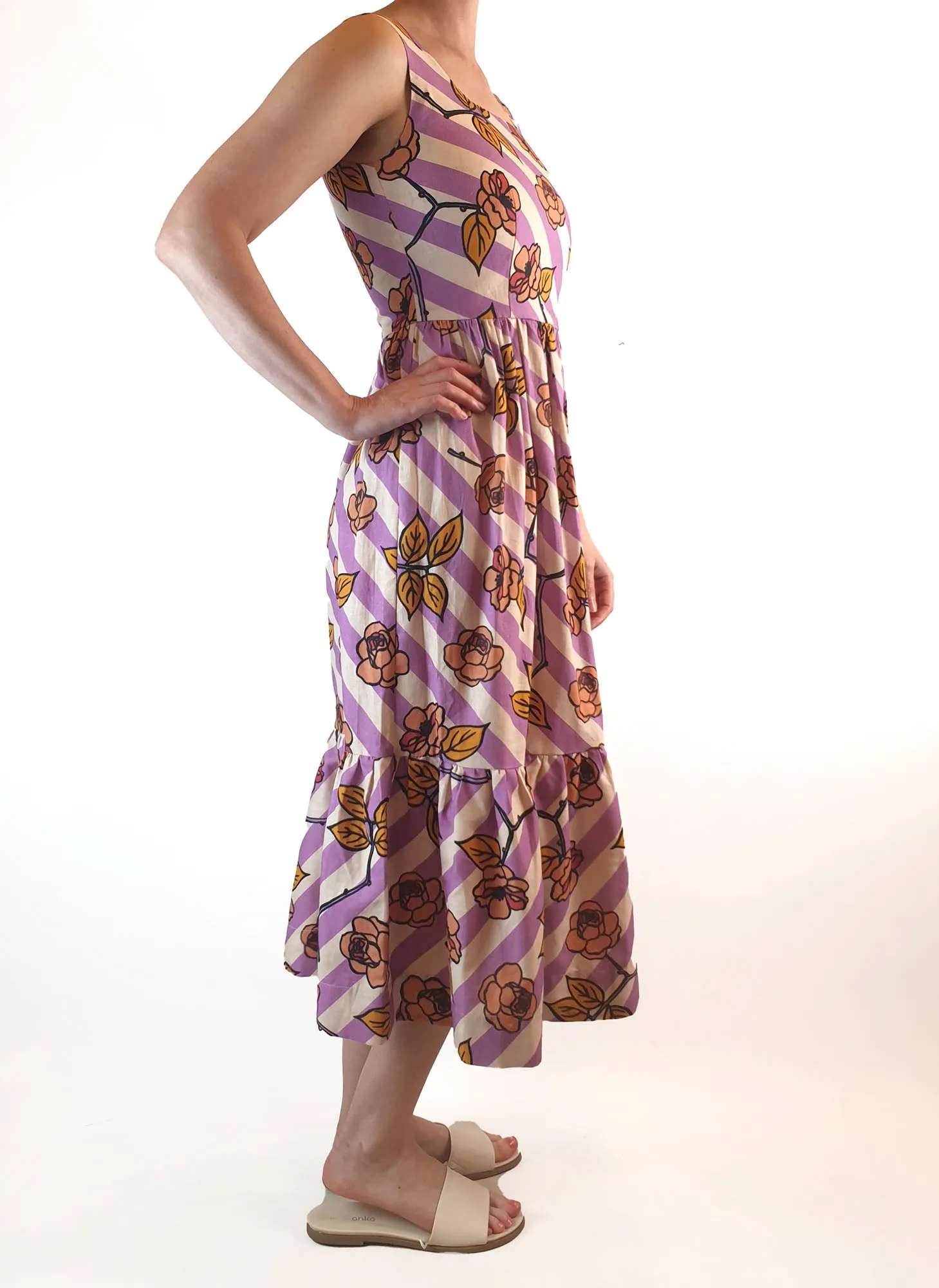 Obus preloved purple and cream print sleeveless maxi dress size 6