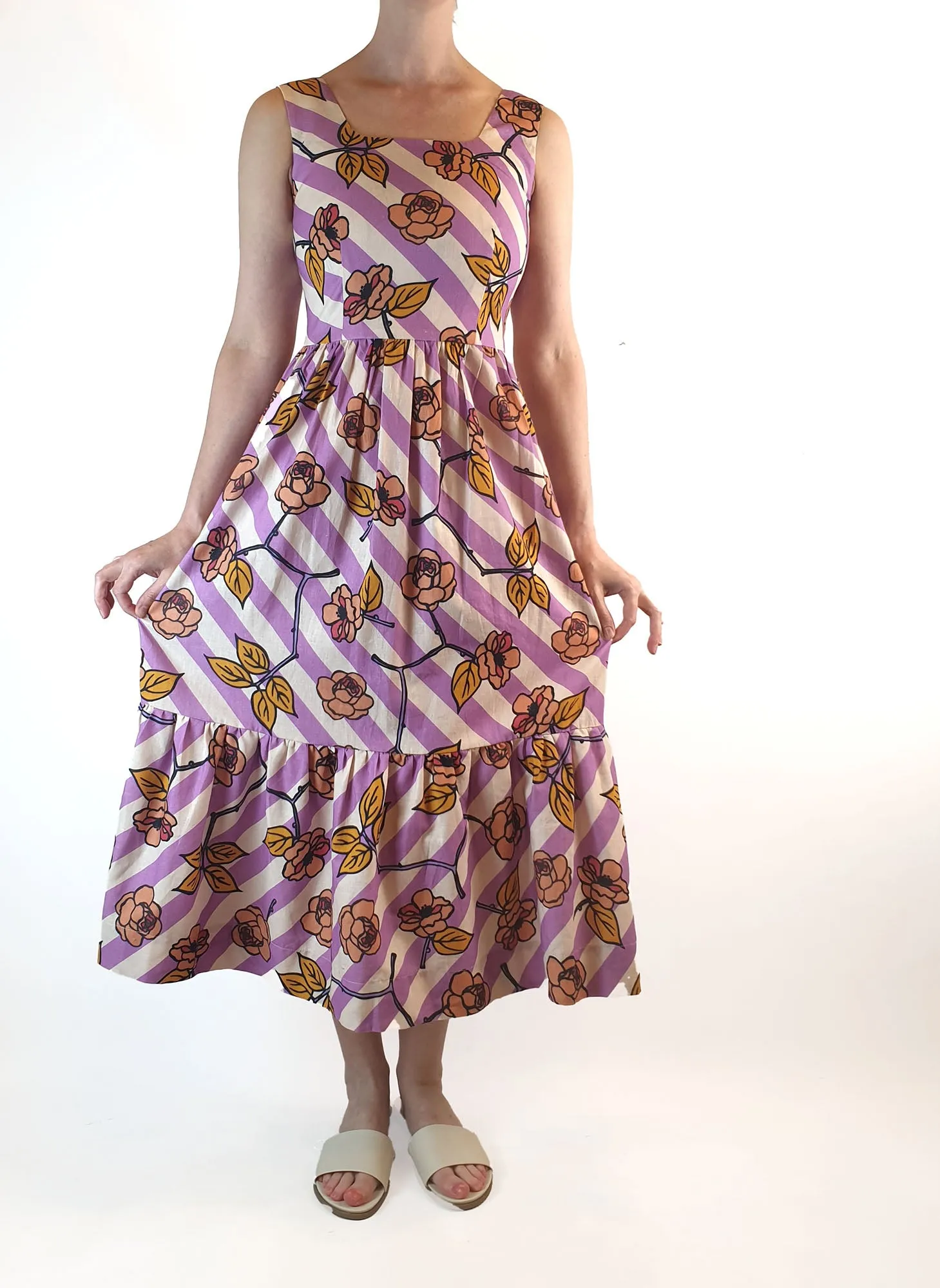 Obus preloved purple and cream print sleeveless maxi dress size 6