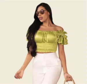 Off-the-Shoulder Chartreuse Ruched Blouse with Tiered Sleeves