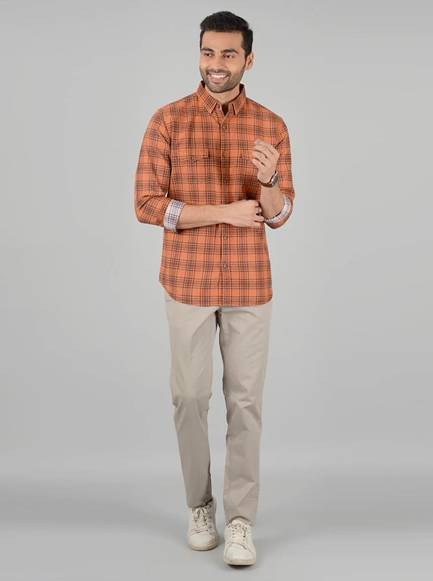 Orange Checked Slim Fit Casual Shirt | JadeBlue