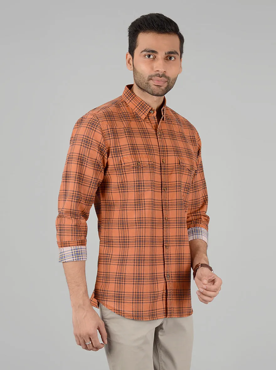 Orange Checked Slim Fit Casual Shirt | JadeBlue