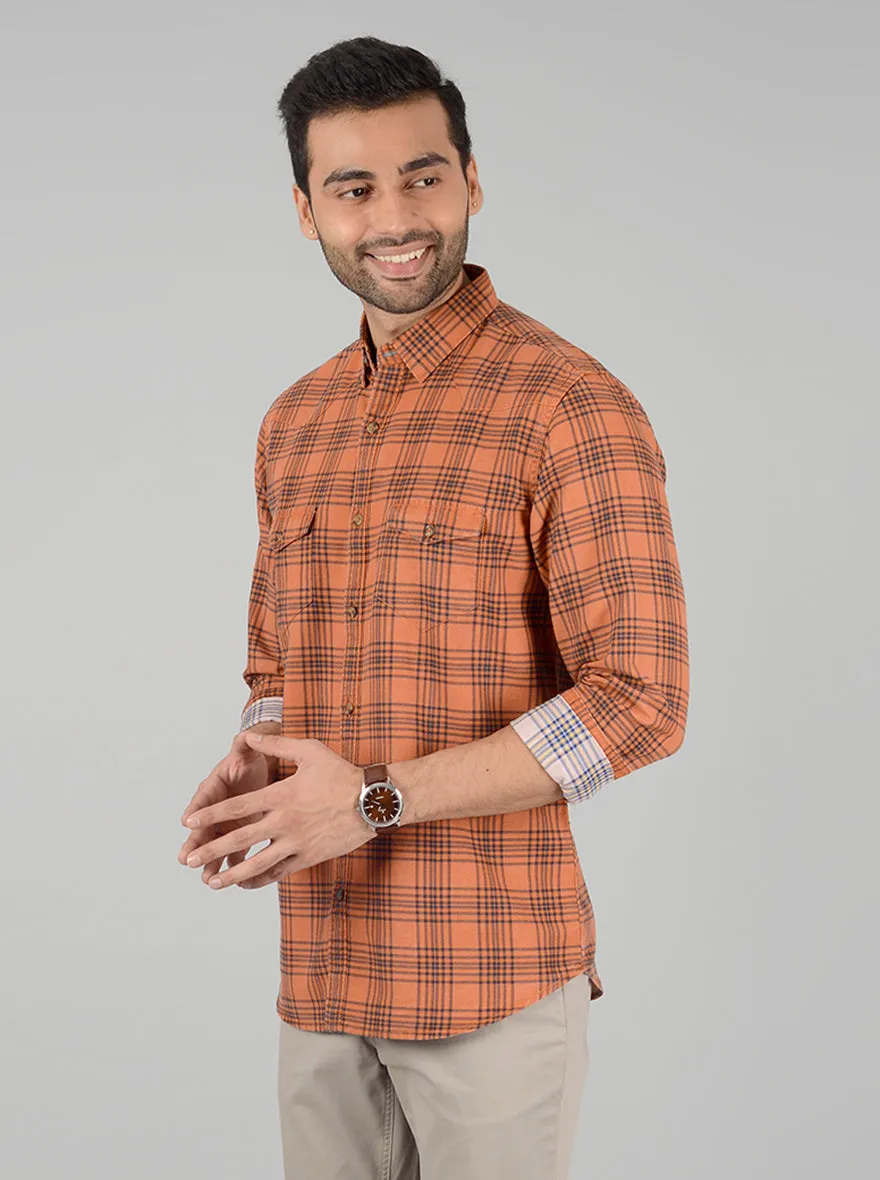 Orange Checked Slim Fit Casual Shirt | JadeBlue