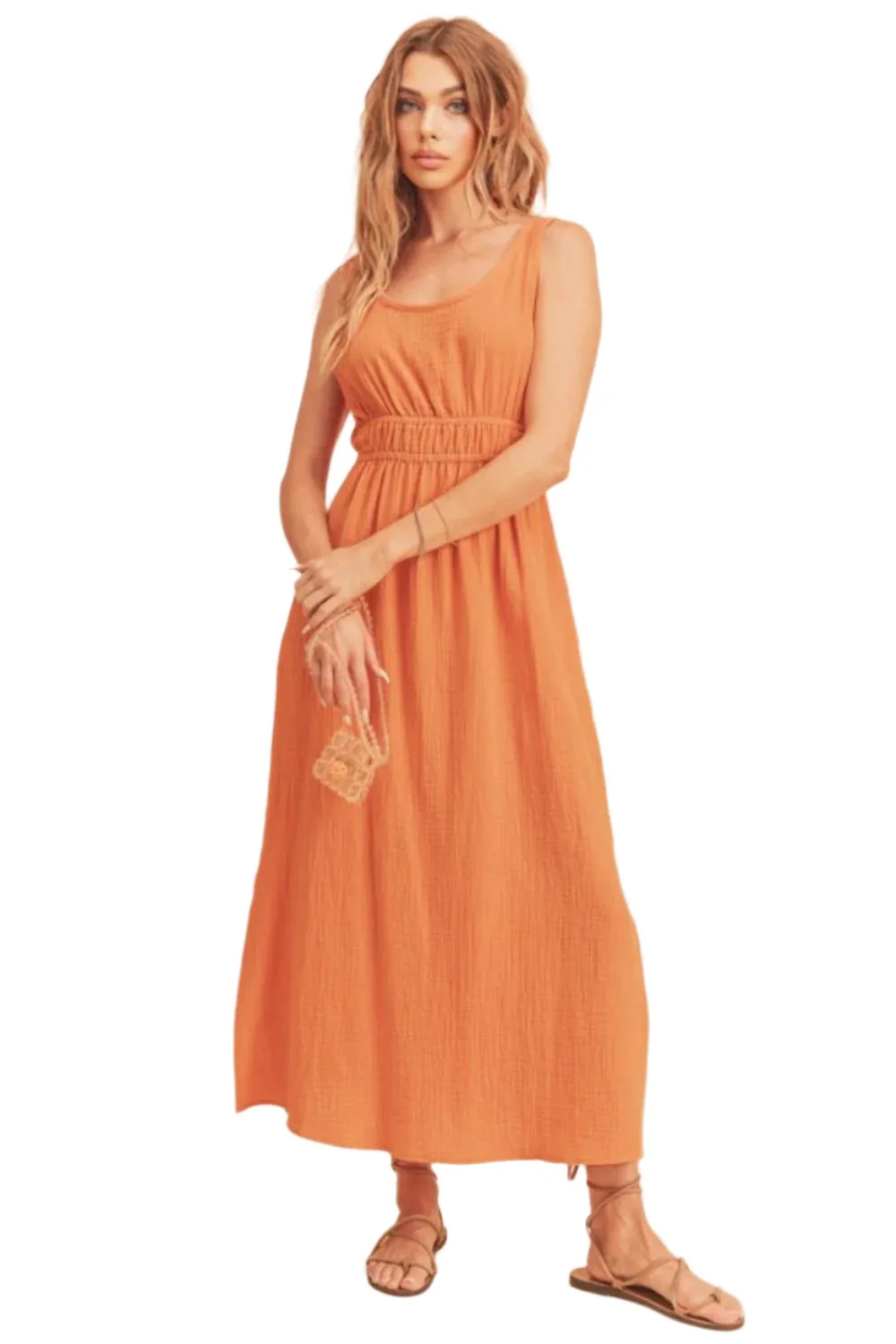 Orange Side Slit Round Neck Sleeveless Tank Dress