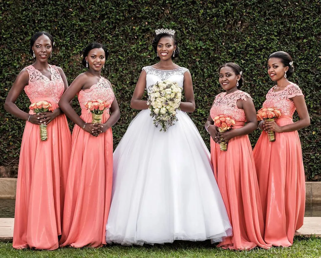 Peach Mismatched Lace Bodice Long Chiffon Cheap Bridesmaid Dresses, WG281