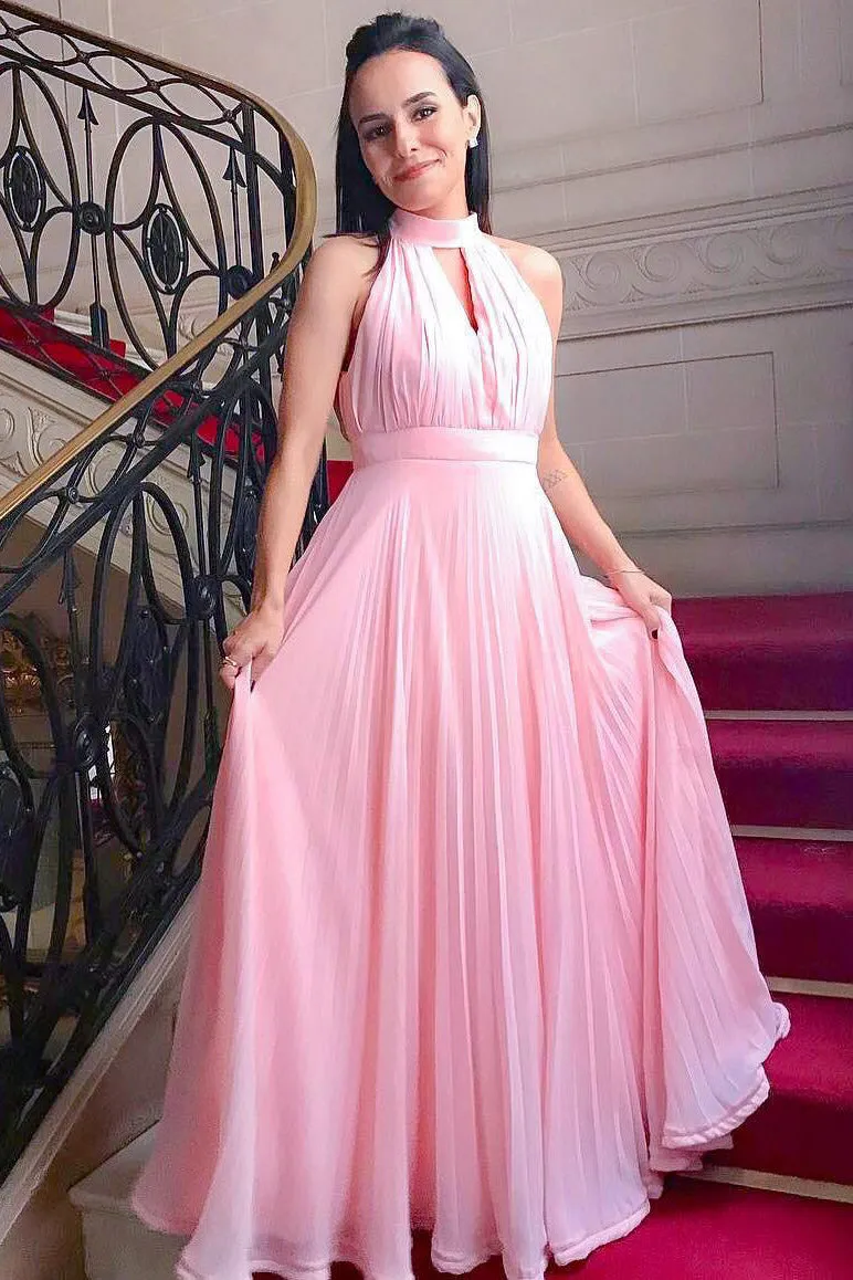 Pink Chiffon High Neck Simple Prom Dress, Graduation Dresses OKJ74