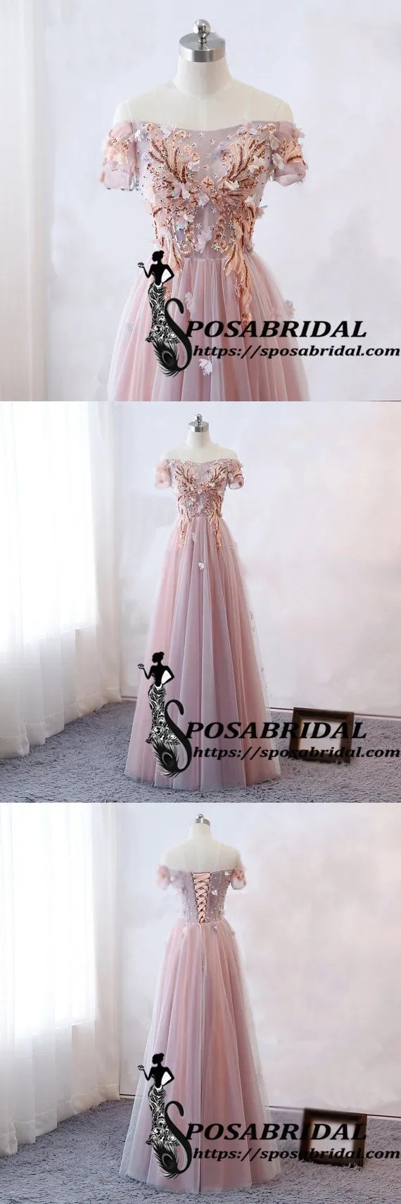 Pink Short Lace Sleeve Long A-Line Modest Popular Prom Dresses, Cheap Bridesmaid Dresses with Flowers ,WG325