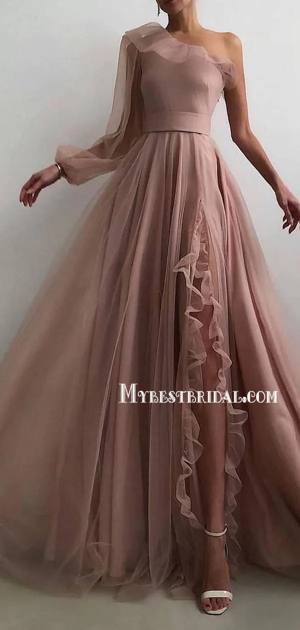 Popular A-line One-shoulder Tulle Side Slit Long Prom Dresses, PDS0273