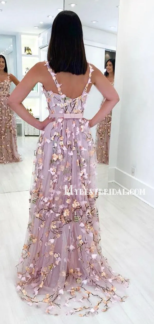 Popular A-line Tulle Appliques Long Prom Dress, Fashion Tend, PDY0156