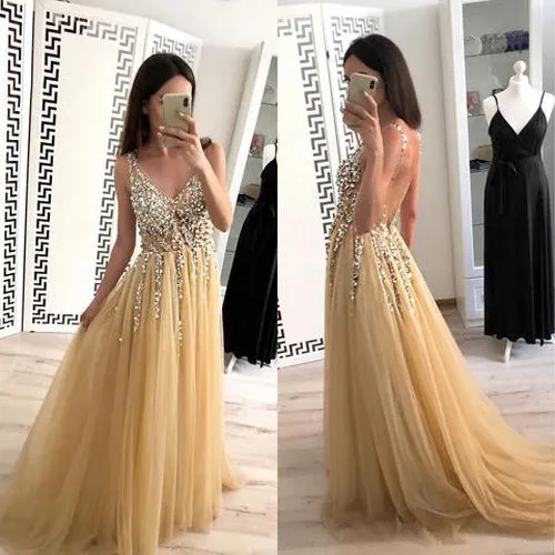 Popular Beaded Tulle V Neck A-line Floor Length Long Prom Dresses with Sequin, SP406