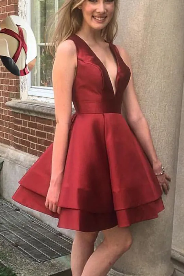 Popular Burgundy Satin V-neck Neckline A-line Homecoming Dresses With Pleats, SH283