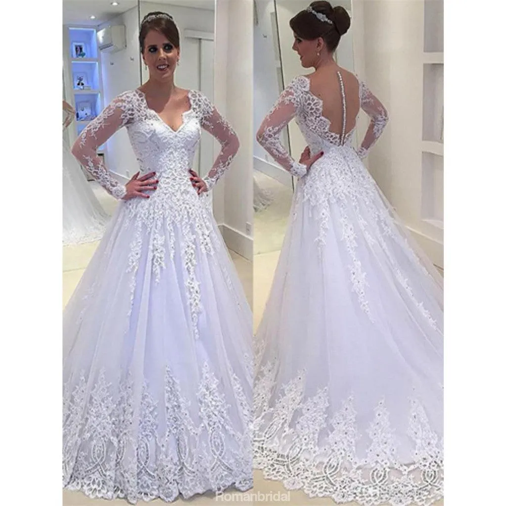 Popular Elegant V-neck Long Sleeves Lace Appliques Wedding Dresses, WD0421