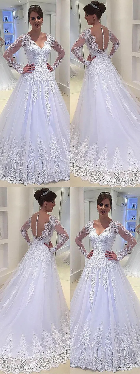 Popular Elegant V-neck Long Sleeves Lace Appliques Wedding Dresses, WD0421