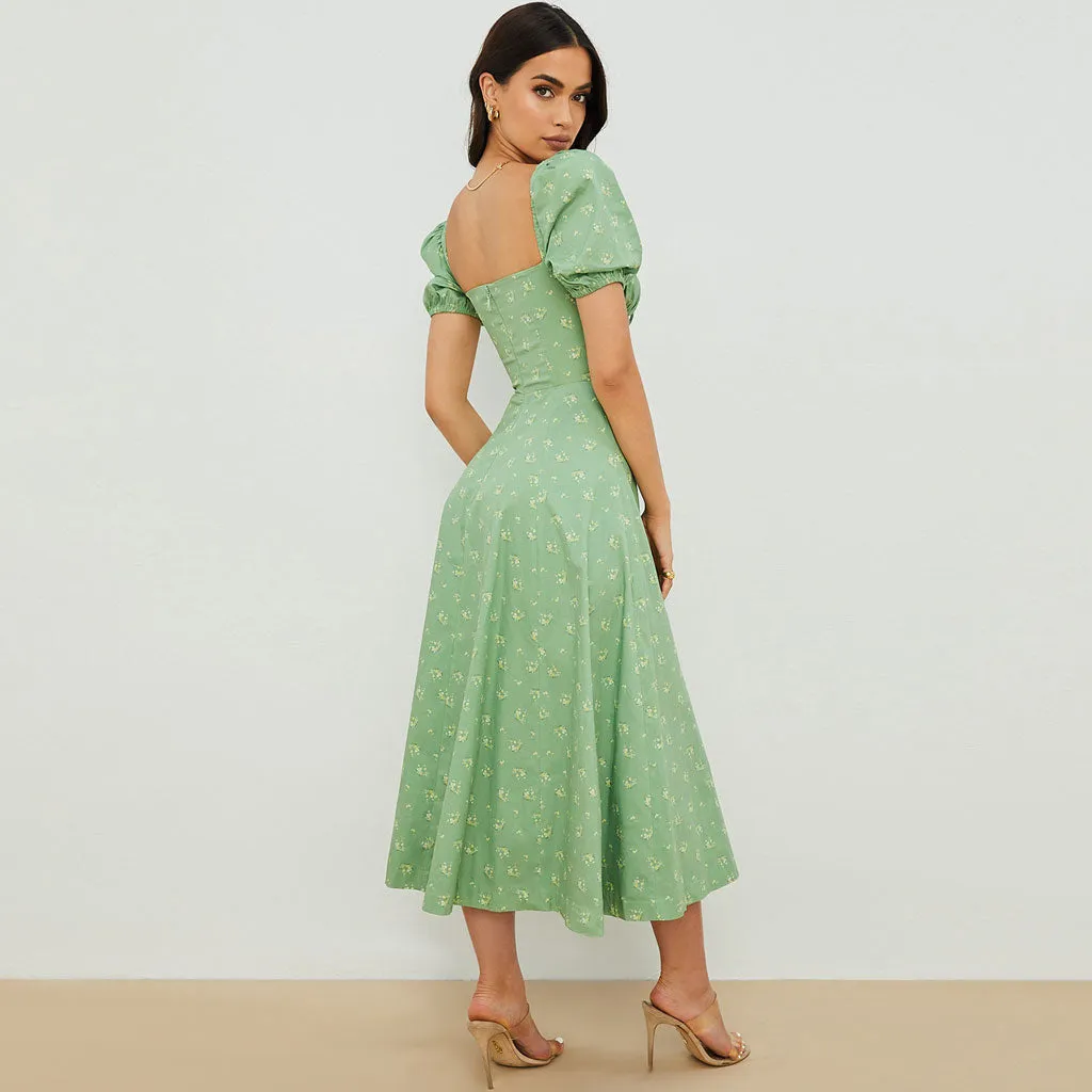 Printed Puff Sleeve High Slit Smock Maxi Sundress - Sage Green